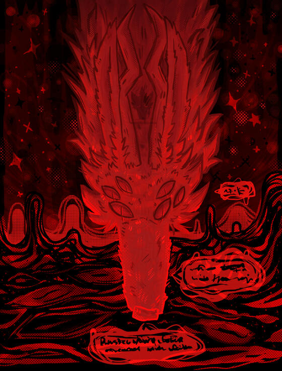 monochromatic red and black digital art of a furry, dragon with 6 eyes facing and moving downward with a focused gaze. next to the dragon three warbly speech bubbles form with garbled, wiggly words in them. at the top there are many red and black stars, an