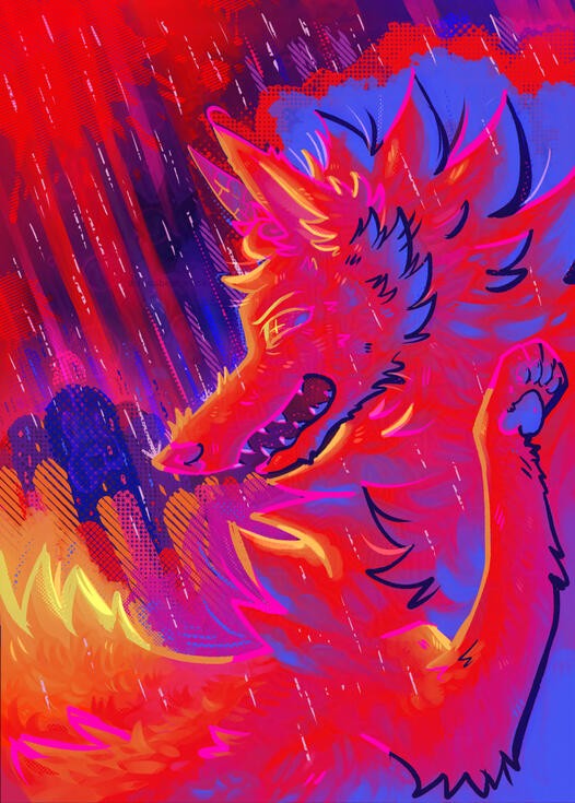 Digital art of an abstract or surreal, colorful, rainy scene with a very colorfully lite, focused looking canine. The rainy scene has many tall gravestones trailing a little bit upward and a very faint guitar rests against the largest one.