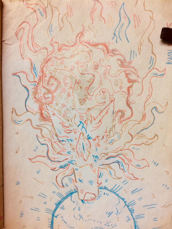 Traditional art on tea dyed paper of a one eyed, long furred canine holding a moon in their mouth and carrying the sun on their back. The canine is drawn with blue, orange and metallic brown and yellow gel pens.