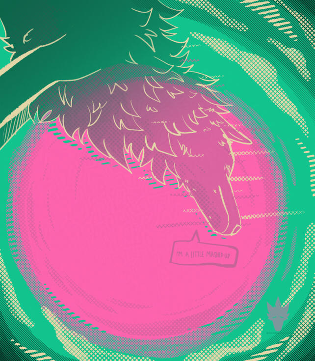 Digital art of a low angle view of a nearly transparent canine under a cloudy sky and a very huge pink sun or some huge orb. A text bubble from the canine says "I'm a little mashed up", which is taken from the song World's strongest man by Gaz Coombes and
