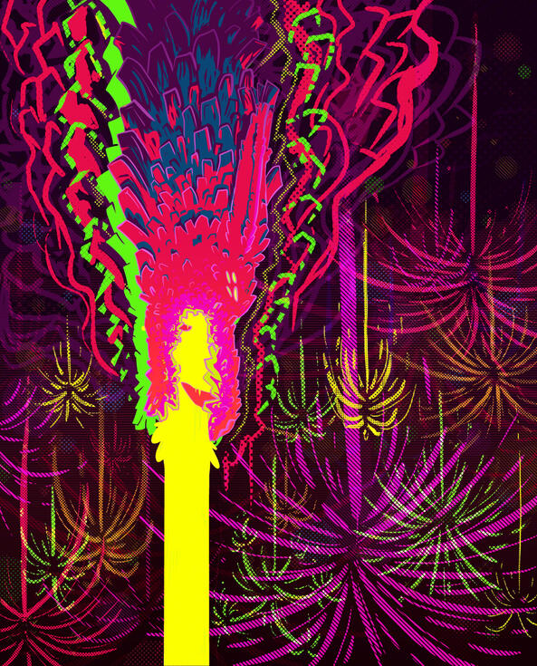 Colorful, digital art of a long, multicolored dragon made of paper facing downward with their mouth open and a stream of yellow coming out of their mouth. The dragon has long, thin ears, long horns and 4 eyes. The background is full of a variety of upside-