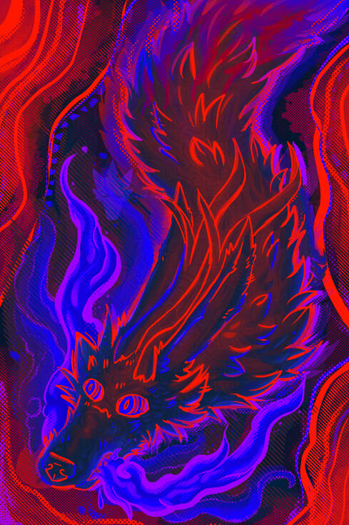Digital art of a furry, long, alarmed looking dragon partly covered in fire who is also breathing fire, the flames are nearly spewing out of the dragon's slightly open mouth.