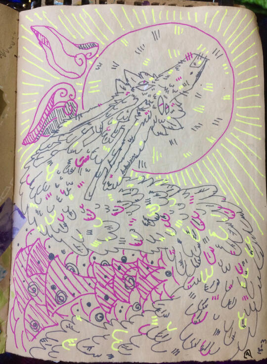 traditional art on tea dyed paper of a long, feathery, 4 eyed dragon from above, drawn with a grey, bright yellow and magenta colored gel pens. the background is a sun under the dragons head.