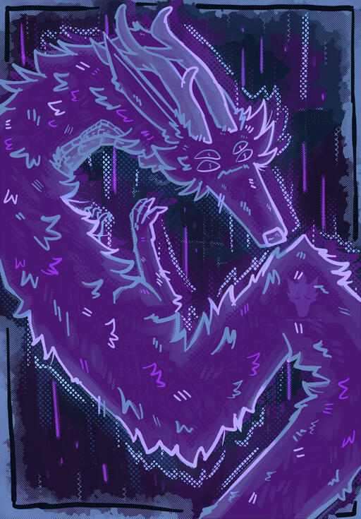 Digital art of a purple long, furry, 4 eyed dragon with their body sharply turned. They are breaking several parts of a boarder and angled a way they don't fit boxed fully inside the canvas.