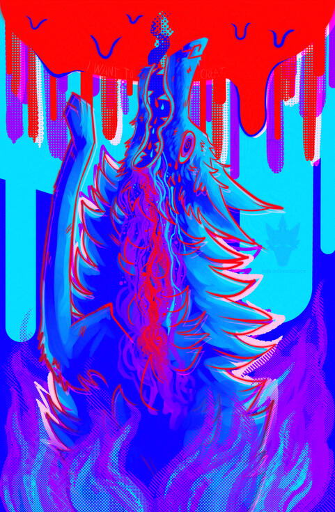 Digital art of a blue and cyan colored canine facing the sky. The worried canine has their mouth slightly open and ears back under a red melting sun which has red, purple and cyan colors dripping from it. There are cyan and purple colored flames rising up