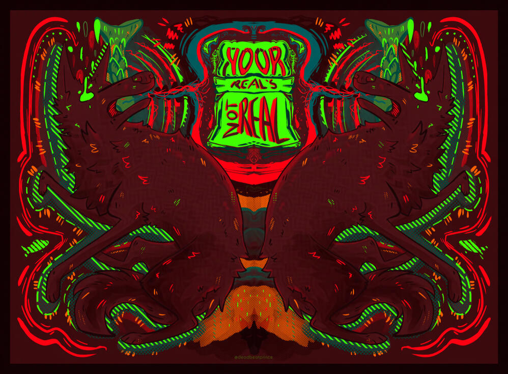 Symmetrical digital art of two slightly wonky, floating red canines turned to face each other surrounded by many bright green and red lines that trace them. There are abstract sound waves coming from their mouths that meet in the middle forming a decorated