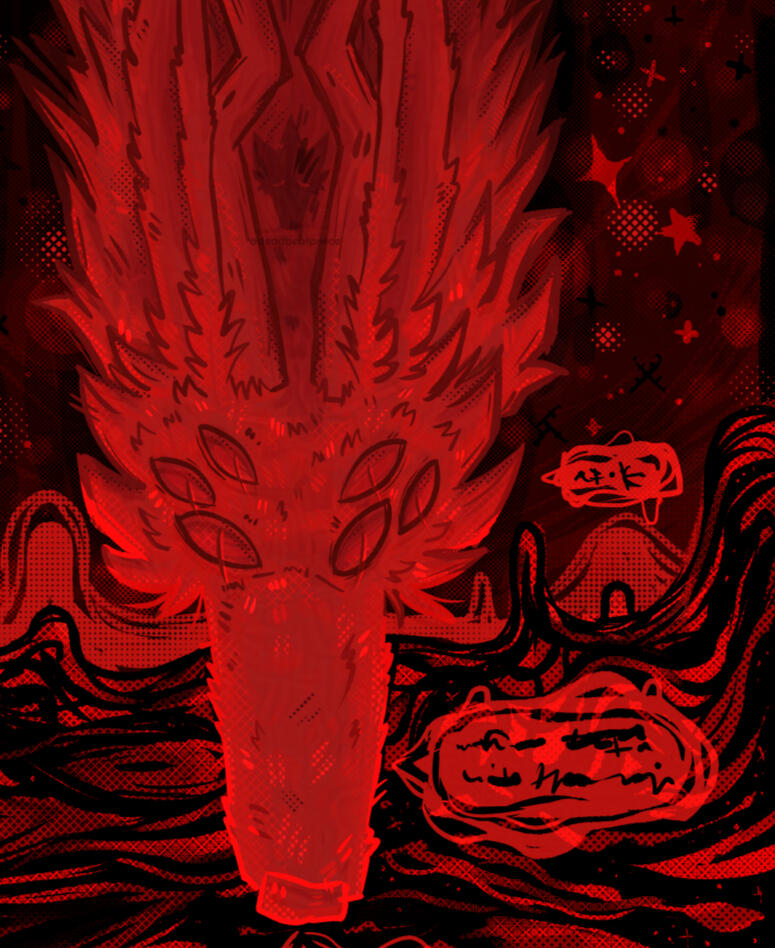 Colorful abstract art. The background has red, purple and white dripping off a red sun. there is a blue colored canine with their mouth open reaching straight toward the sky. the canine has a uncomfortable face as they are eating small drops that are comin