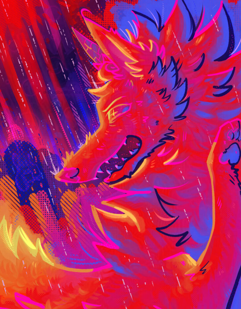 Digital art of an abstract or surreal, colorful, rainy scene with a very colorfully lite, focused looking canine in the rain.